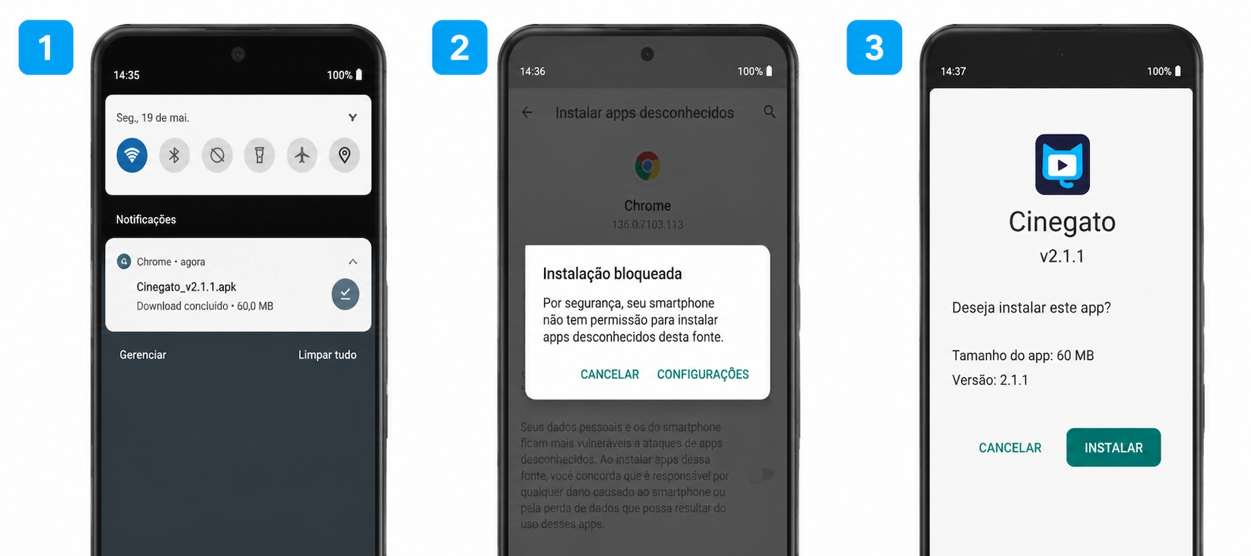 Passo a passo da instalação do Cinegato APK no Android